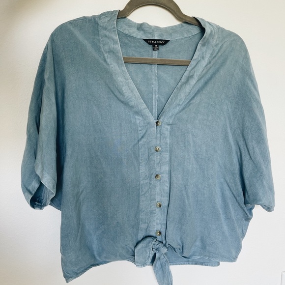 Style Envy Chambray Cropped Tie Shirt - Picture 1 of 5